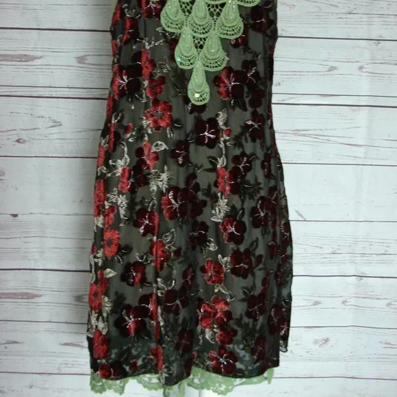 Floral Velvet Burn Out Burgundy Green Lace Dress L - Picture 4 of 16
